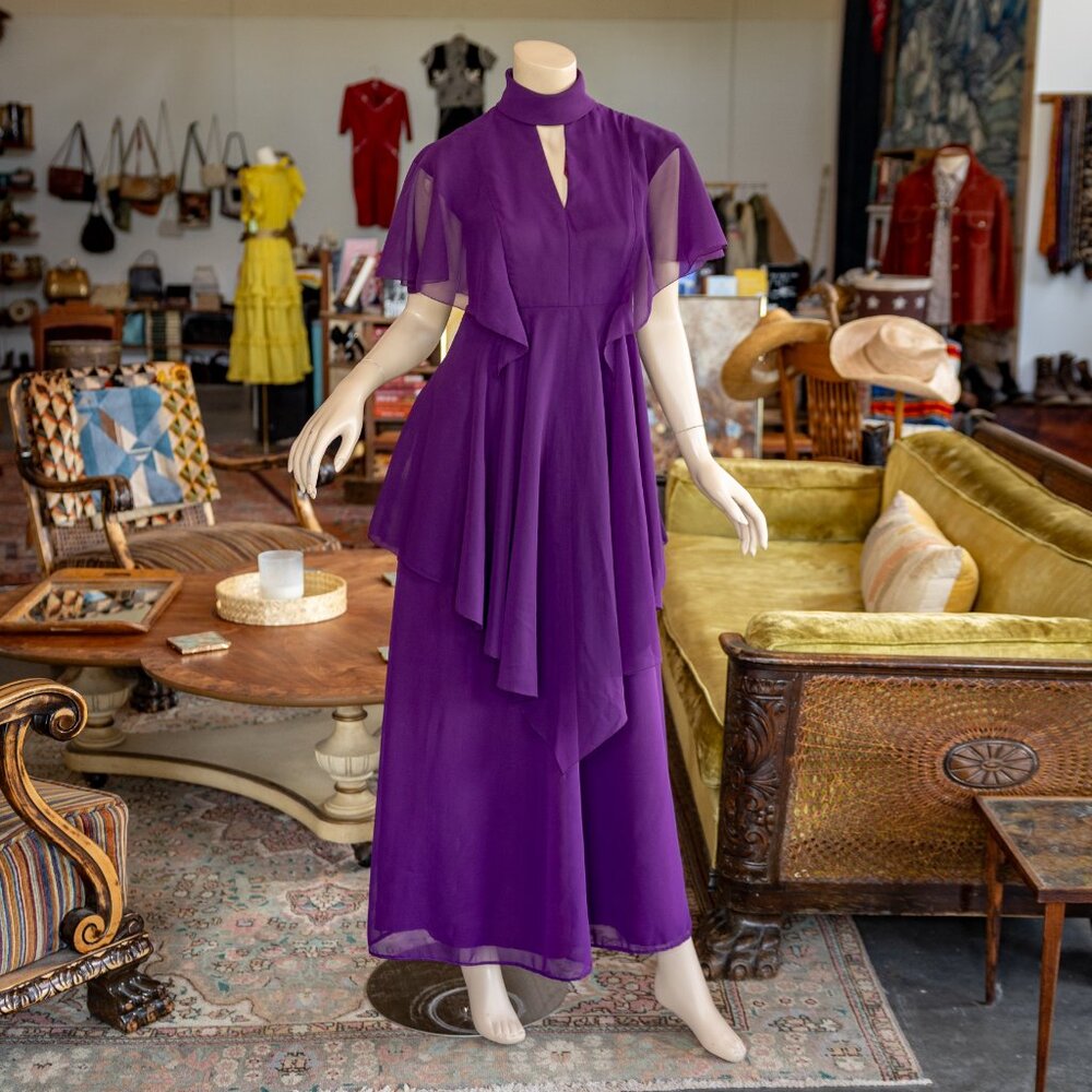 SOLD * 60s/Early 70s Berkertex Purple Chiffon Dress — Made in England - Picture 2 of 13